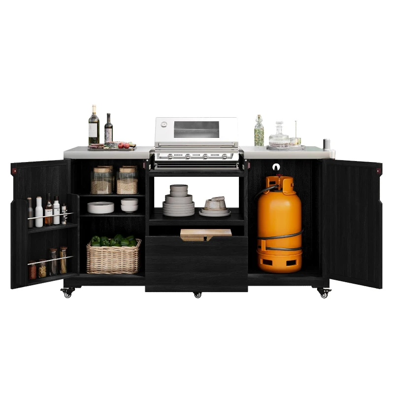 Outdoor Kitchen Island with Adjustable Shelves, Internal Storage Racks, Wooden Grill Cart with Stainless Steel Top, 66.5'' L x 23'' W x 34.5'' H, Black