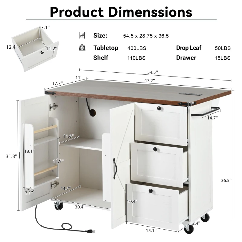 Farmhouse Kitchen Island with Built-in Power Outlet and Drop Leaf, Rolling Kitchen Cart with Locking Wheels, 54.5'' L x 28.5'' W x 36.5'' H, White