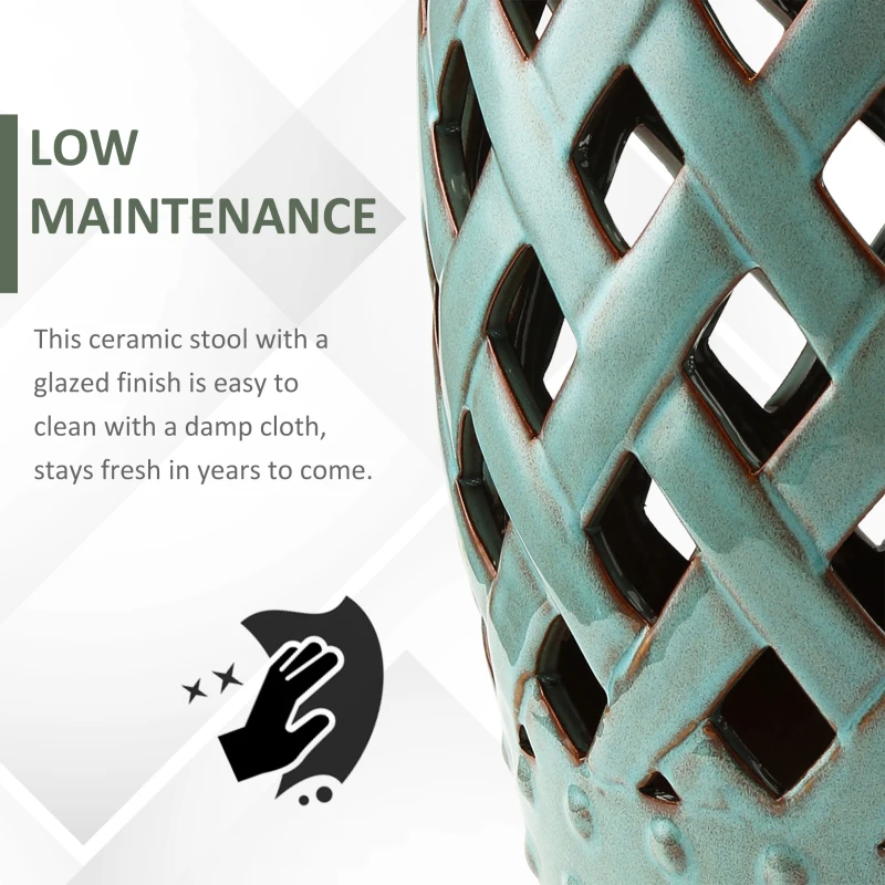 Outsunny 18" Ceramic Garden Stool with Woven Lattice Design, Indoor & Outdoor Decorative Accent Stool, Blue