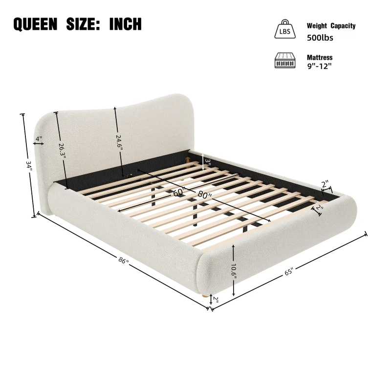 Queen Size Upholstered Platform Bed with Smooth Curved Headboard, Sturdy Bed Frame with Reinforced Slats, 86'' L x 65'' W x 34'' H, White