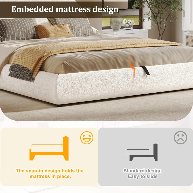 King Size Platform Bed with Integrated Mattress Retainer, Boucle Fabric, Solid Bedboard with Low-Profile Frame, 86.5'' L x 80'' W x 41'' H, White