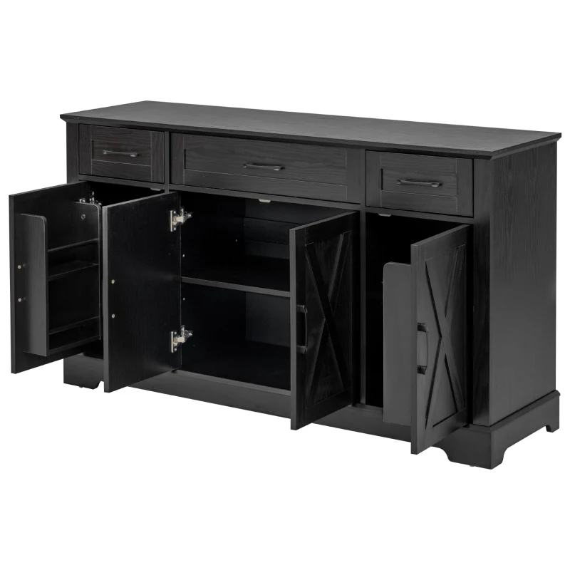 Large Buffet Sideboard with 3 Drawers and 4 Internal Door Shelves, Modern Coffee Bar for Kitchen, Living Room, 55'' L x 15.5'' W x 32'' H, Black