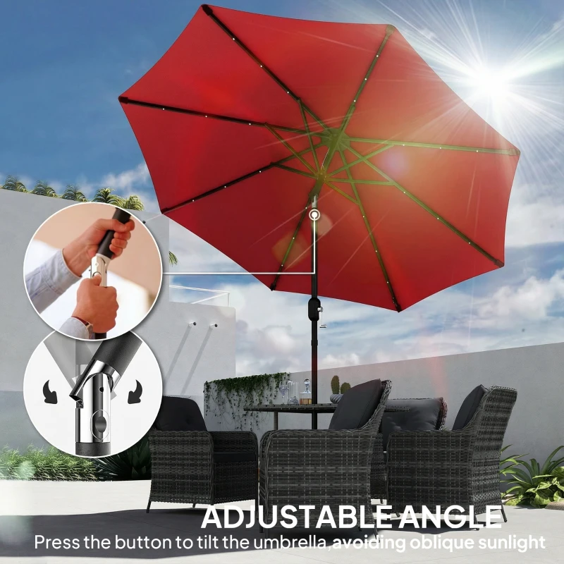Outsunny 9ft Solar Patio Umbrella Outdoor Sunshade 24 LED Lights Tilt Canopy Wine Red