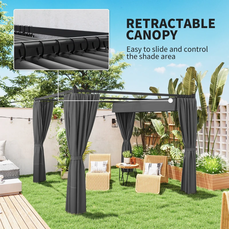 Outsunny 10' x 10' Retractable Pergola Canopy with Sidewalls, Metal Outdoor Gazebo Sun Shade Shelter, Dark Grey