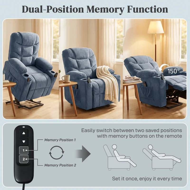 HOMCOM Power Recliner Chair with Massage, Electric Lift Chair for Elderly with Side Pockets, Cup Holders, Remote, Blue