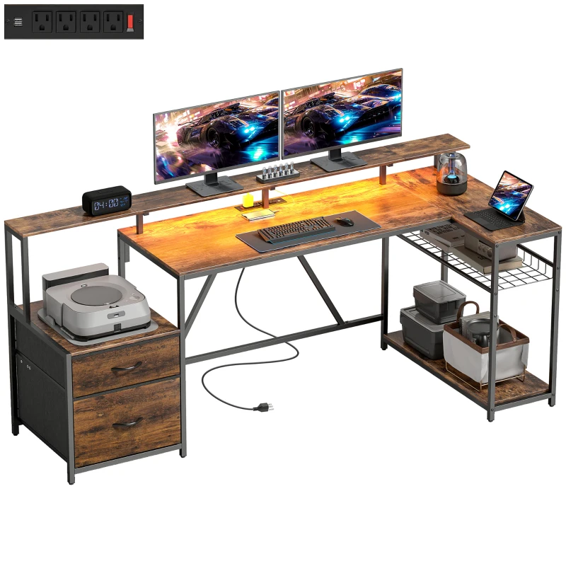 HOMCOM 76" Gaming Desk, Computer Table with RGB Lights, USB Ports, Monitor Stand and 2 Fabric Drawers, Rustic Brown