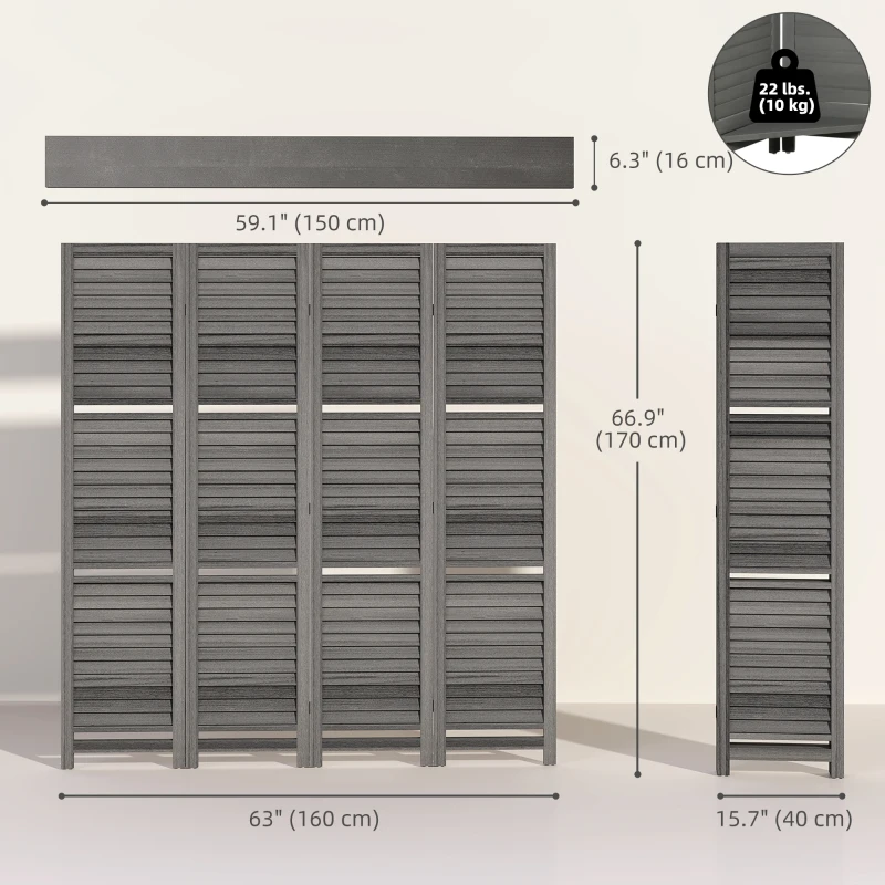 HOMCOM 4-Panel Wall Partition Room Separator with 3 Storage Shelves Foldable Design Wooden Frame 5.6FT Grey