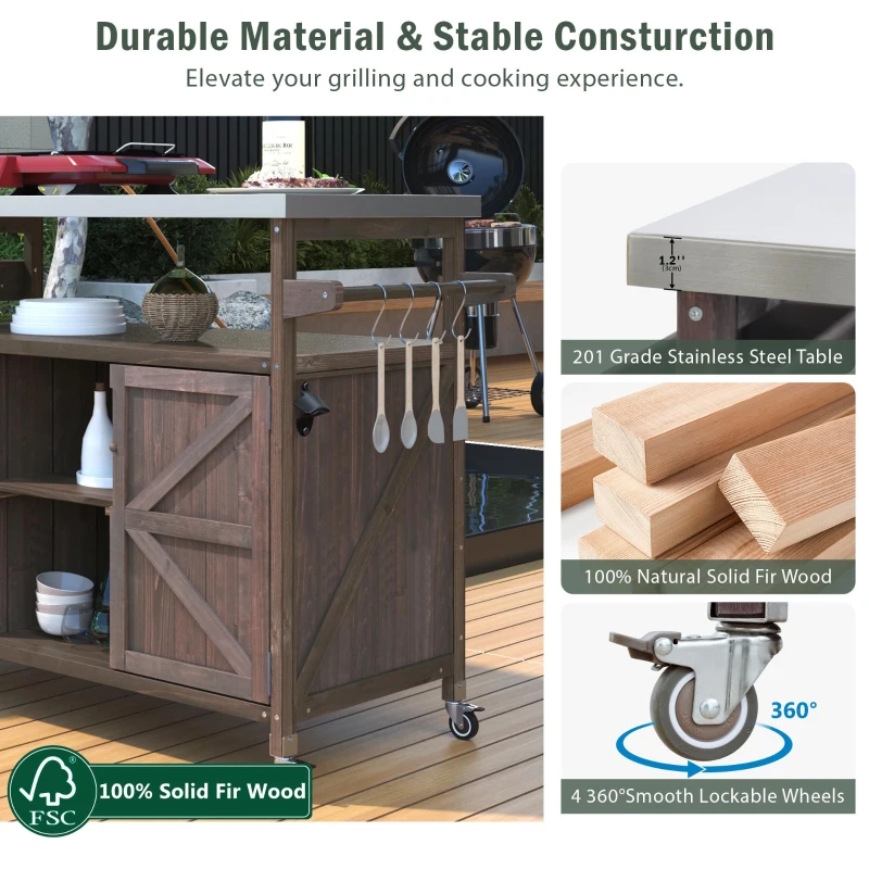 Outdoor Kitchen Island with Stainless Steel Top and Spice Rack, Rolling Bar Cart with Adjustable Shelves, 50'' L x 18.5'' W x 36'' H, Dark Brown