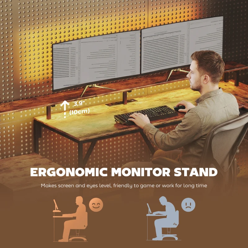 HOMCOM 76" Gaming Desk, Computer Table with RGB Lights, USB Ports, Monitor Stand and 2 Fabric Drawers, Rustic Brown