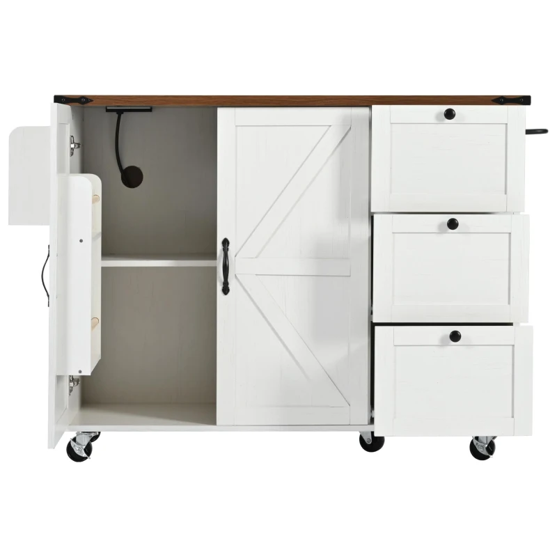 Farmhouse Kitchen Island with 2 Barn Doors, 3 Smooth-Glide Drawers, Rolling Kitchen Cart with Locking Wheels, 54.5'' L x 28.5'' W x 36.5'' H, White