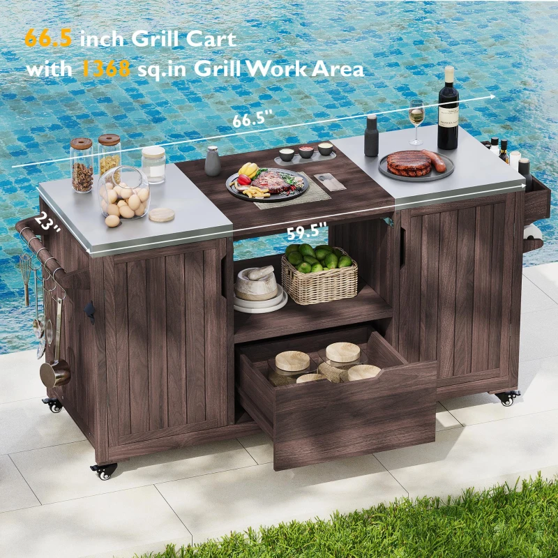 Outdoor Kitchen Island with Stainless Steel Top, Adjustable 5‑Level Shelves, Fir Wood Grill Cart with Drawer, 66.5'' L x 23'' W x 34.5'' H, Dark Brown