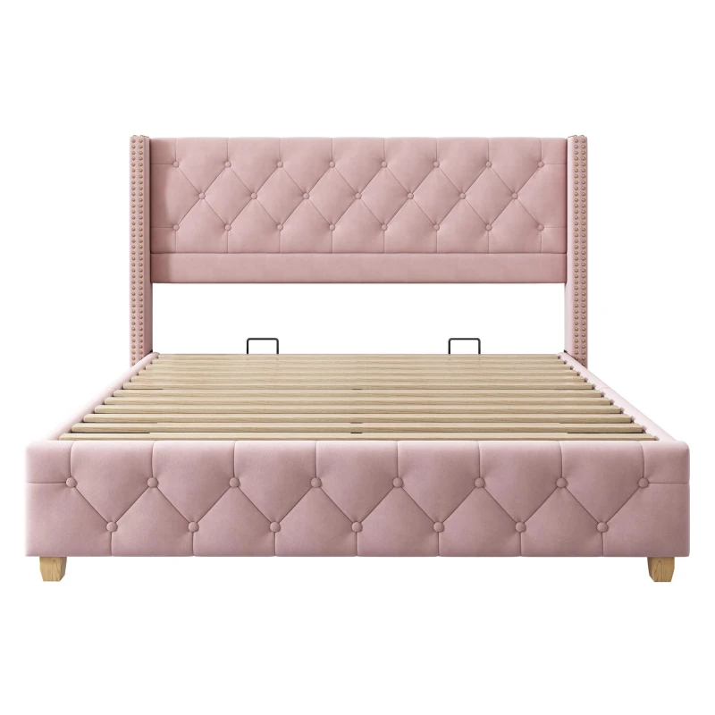 Full Size Velvet Upholstered Platform Bed with Diamond Button Tufting, Extra‑Wide Bedboard with Wooden Legs, 58.5'' L x 78'' W x 42.5'' H, Pink
