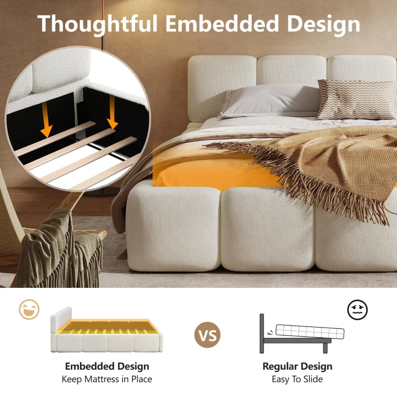 Queen Size Platform Bed with Padded Headboard, Embedded Mattress Retainer, Solid Bedboard with Wood Frame, 88.5'' L x 67'' W x 11.5'' H, White