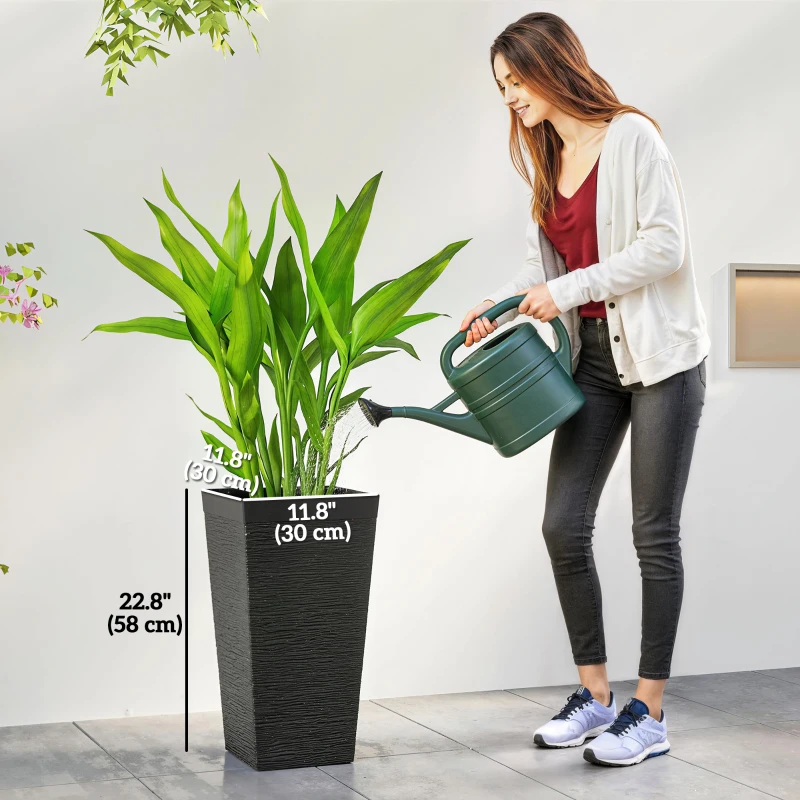 Outsunny 22.8" Tall Planters Set of 3, Indoor Outdoor Taper Planters with Stone Finish, Wheels and Drainage Hole, Black