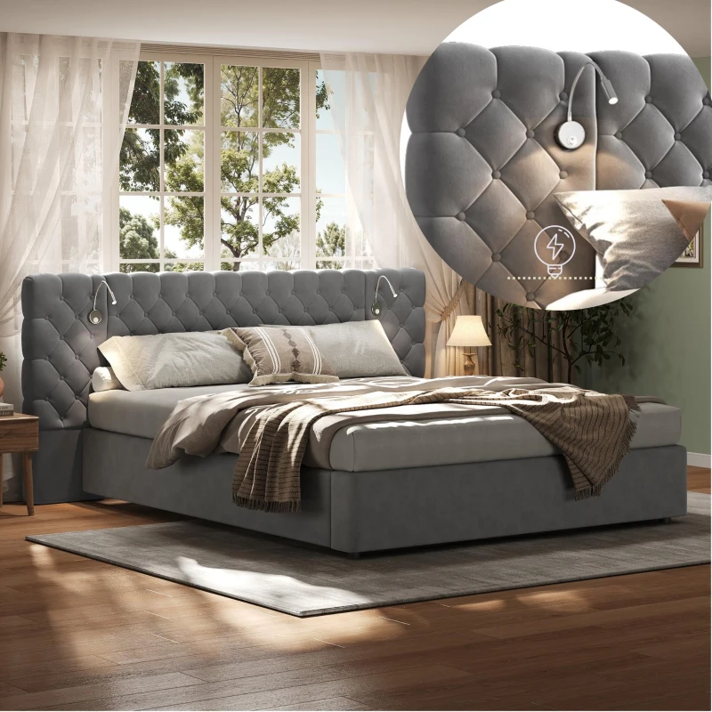 King Size Upholstered Bed with Extra-Wide Diamond Tufted Headboard, Plush Velvet Bed with Built-In Reading Lights, 83'' L x 102'' W x 42'' H, Grey