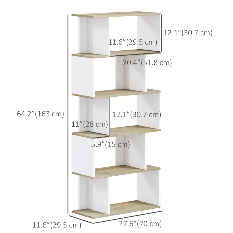 HOMCOM 5-Tier Bookshelf, Geometric S Shaped Bookcase, Tall Narrow Display Shelf for for Living Room, Study Room, White