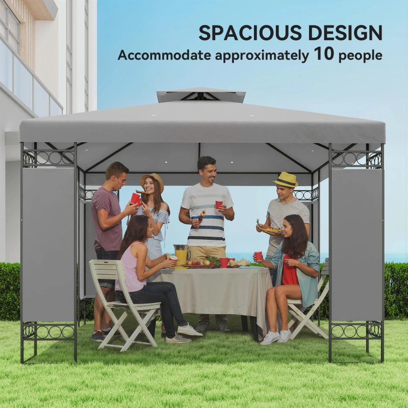 Outsunny 10 x 10 FT Canopy Gazebo, Double Roof Patio Gazebo with Screen Panels and Metal Frame for Deck, Backyard, Light Grey
