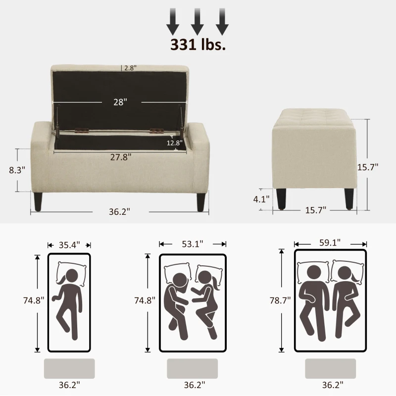 HOMCOM 36" Ottoman with Storage, Storage Ottoman Bench with Lift Top and Rubberwood Legs, Linen Upholstered Entryway Bench with Seating for Living Room, Bedroom, Holds up to 330 lb, Beige