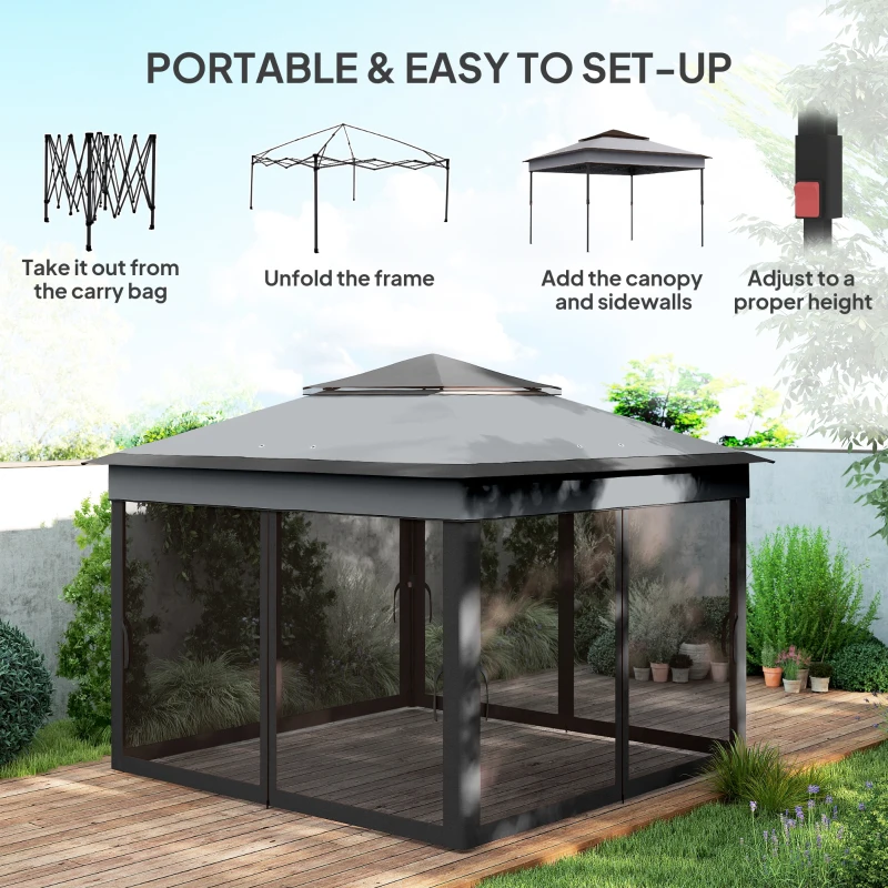 Outsunny 10.7 x 10.7ft Pop Up Gazebo, Adjustable Instant Sun Shelter with UV30+ Roof Cover, Removable Mesh Curtains, Dark Grey