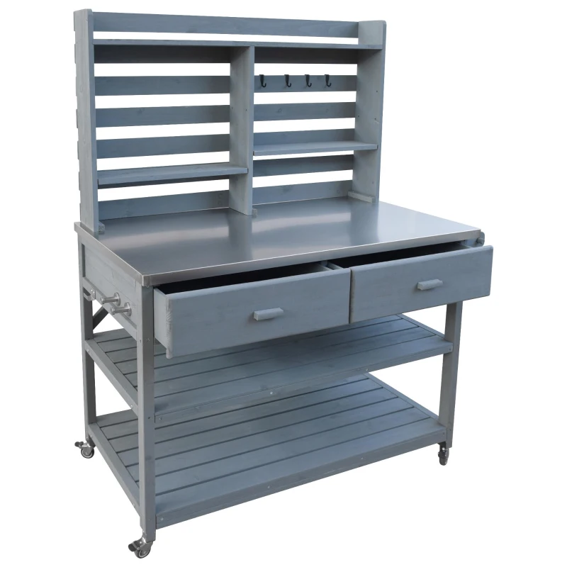 Outdoor Potting Bench Table with 2 Large Drawers, 4 Lockable Wheels, Wooden Kitchen Island with Stainless Steel Top, 52'' L x 22'' W x 65'' H, Grey+Blue