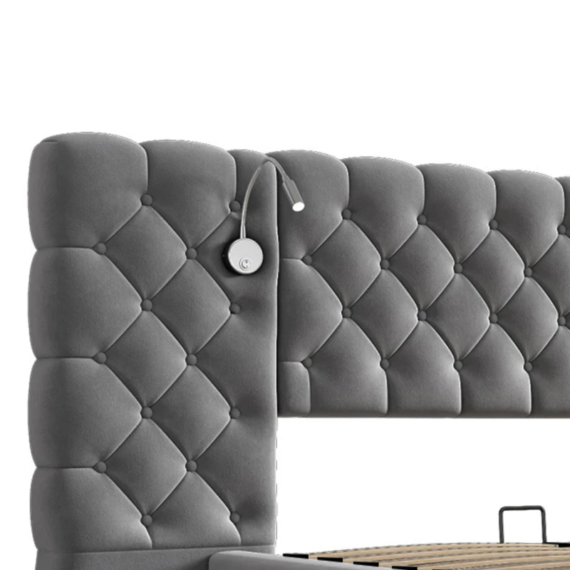 King Size Upholstered Bed with Extra-Wide Diamond Tufted Headboard, Plush Velvet Bed with Built-In Reading Lights, 83'' L x 102'' W x 42'' H, Grey