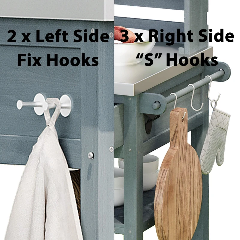 Outdoor Potting Bench Table with 2 Large Drawers, 4 Lockable Wheels, Wooden Kitchen Island with Stainless Steel Top, 52'' L x 22'' W x 65'' H, Grey+Blue