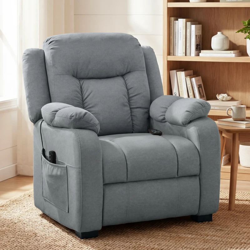 HOMCOM Massage Recliner Chair with Quiet Brushless Motor Pet-Friendly Fabric Power Recliner with 2 Memory Positions Grey