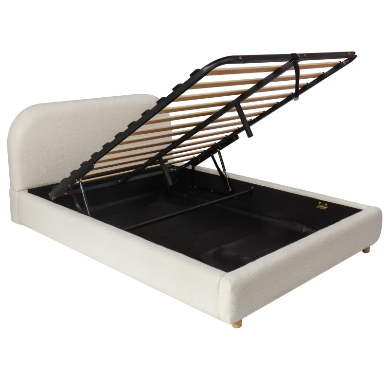 Queen Size Hydraulic Lift Storage Bed with Upholstered Headboard, Modern Bedboard with Rubberwood Legs, 88'' L x 64'' W x 35'' H, White