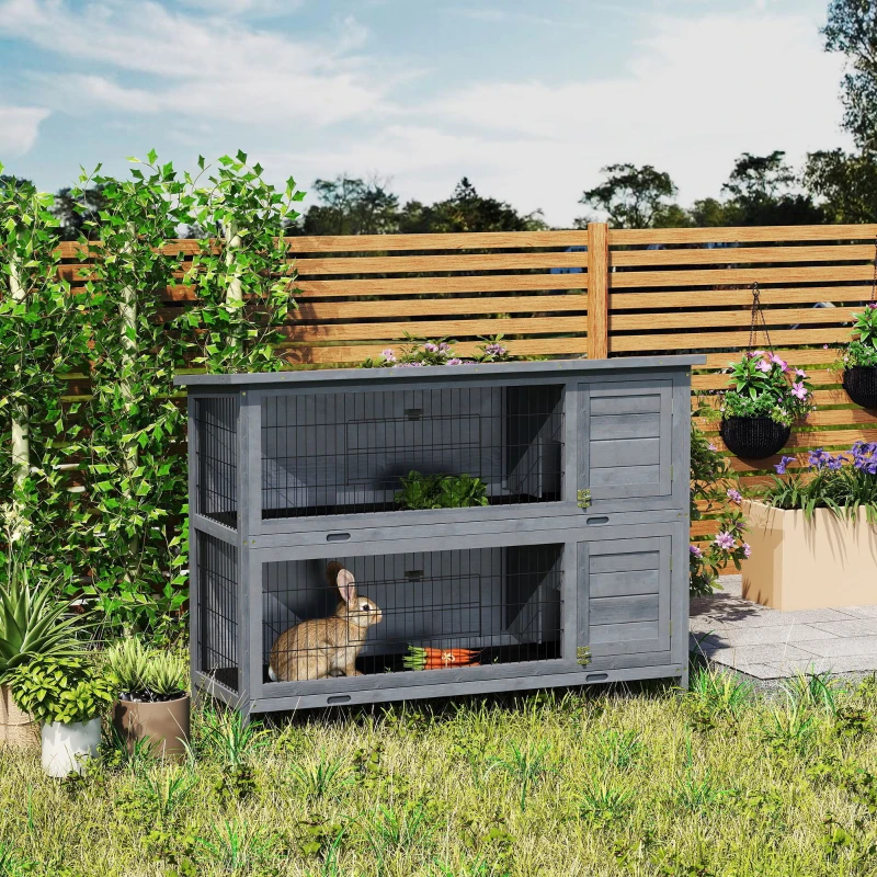 PawHut 2 Tier Wooden Rabbit Hutch Bunny Pet House Wooden Coop Run, Grey