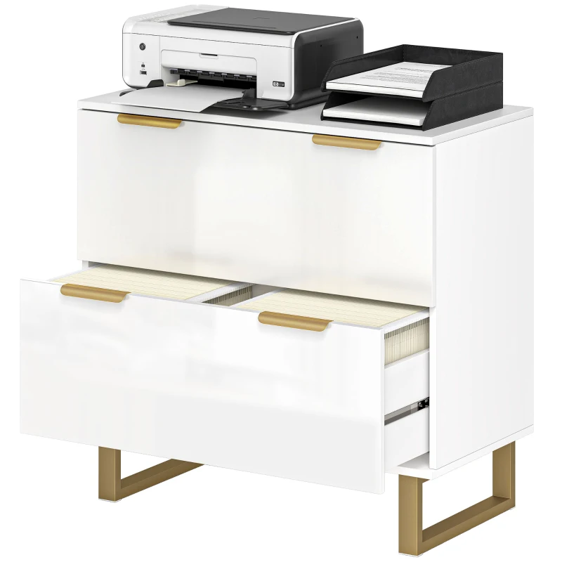 HOMCOM Lateral File Cabinet with 2 Drawers, Modern Filing Cabinet for Letter/A4/Legal Size Files, High Gloss White