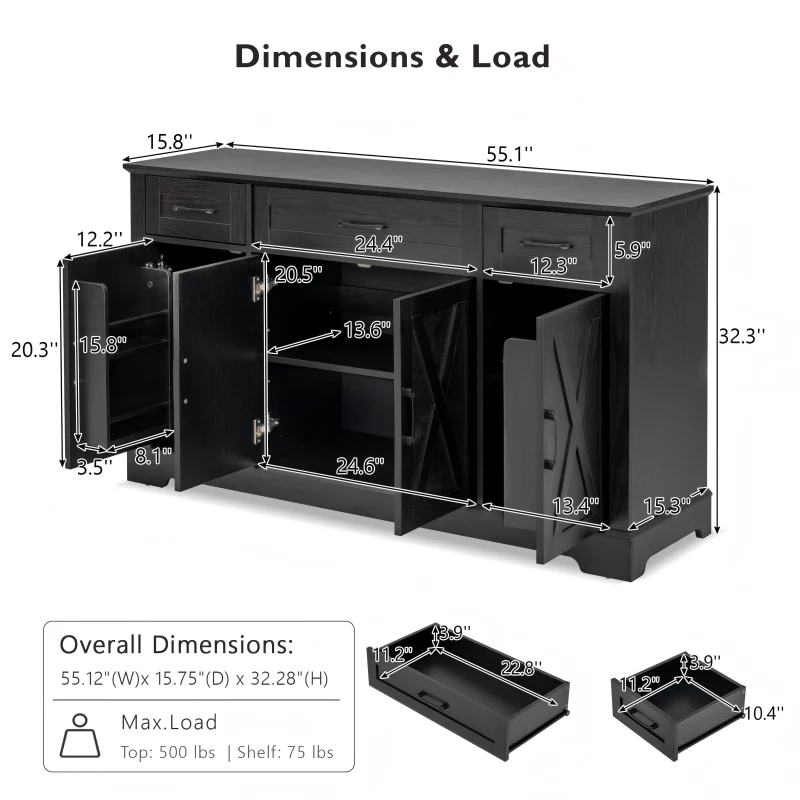 Large Buffet Sideboard with 3 Drawers and 4 Internal Door Shelves, Modern Coffee Bar for Kitchen, Living Room, 55'' L x 15.5'' W x 32'' H, Black