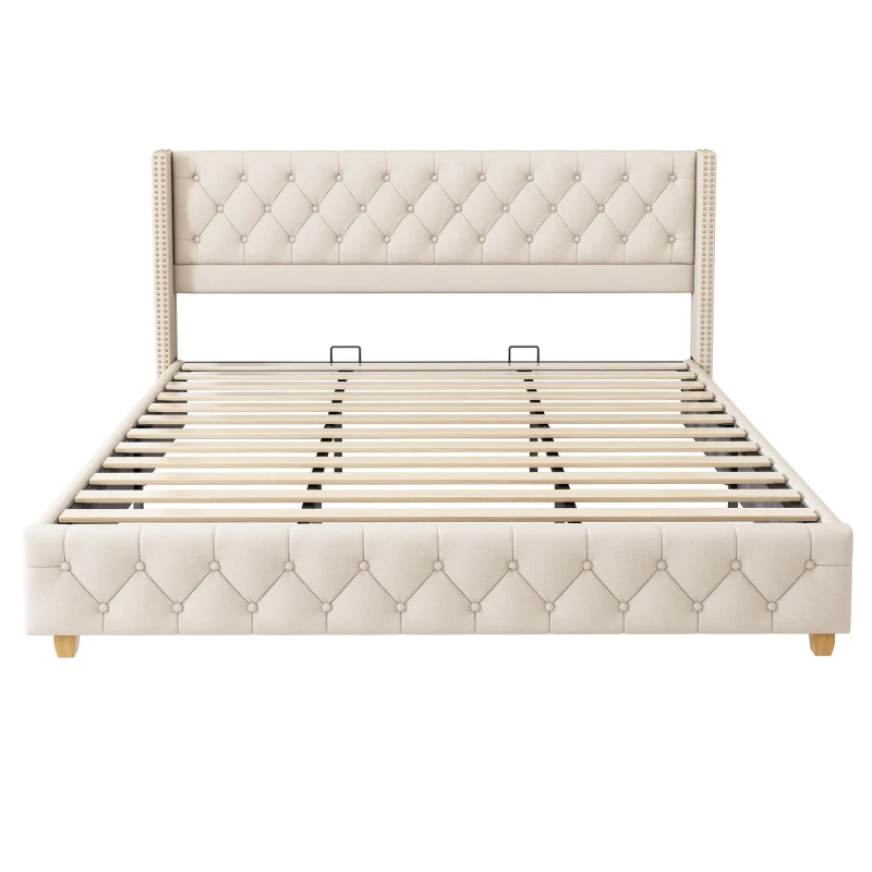 King Size Linen Upholstered Bed with Diamond Tufted Buttons, Solid Bedboard with Sturdy Wood Legs, 80.5'' L x 82.5'' W x 42.5'' H, Beige