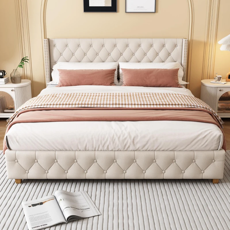 King Size Linen Upholstered Bed with Diamond Tufted Buttons, Solid Bedboard with Sturdy Wood Legs, 80.5'' L x 82.5'' W x 42.5'' H, Beige