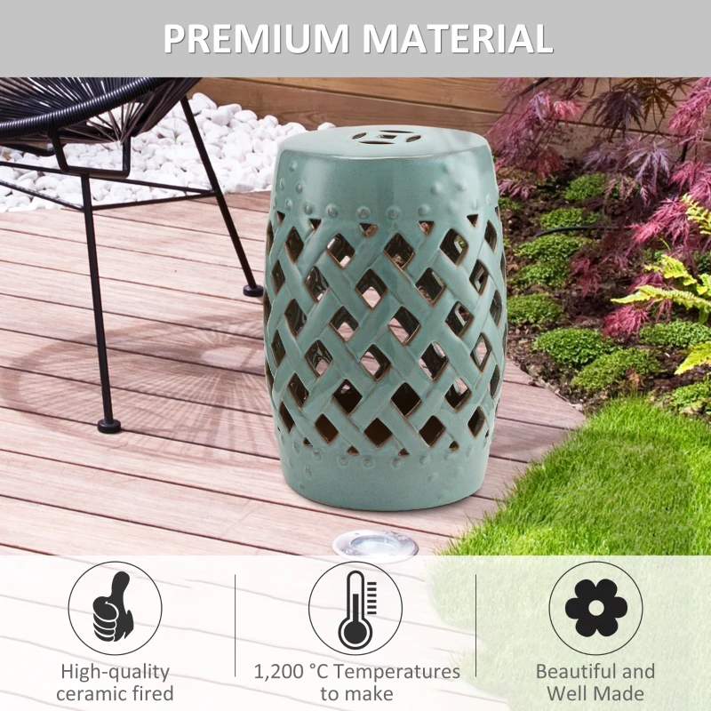 Outsunny 18" Ceramic Garden Stool with Woven Lattice Design, Indoor & Outdoor Decorative Accent Stool, Blue