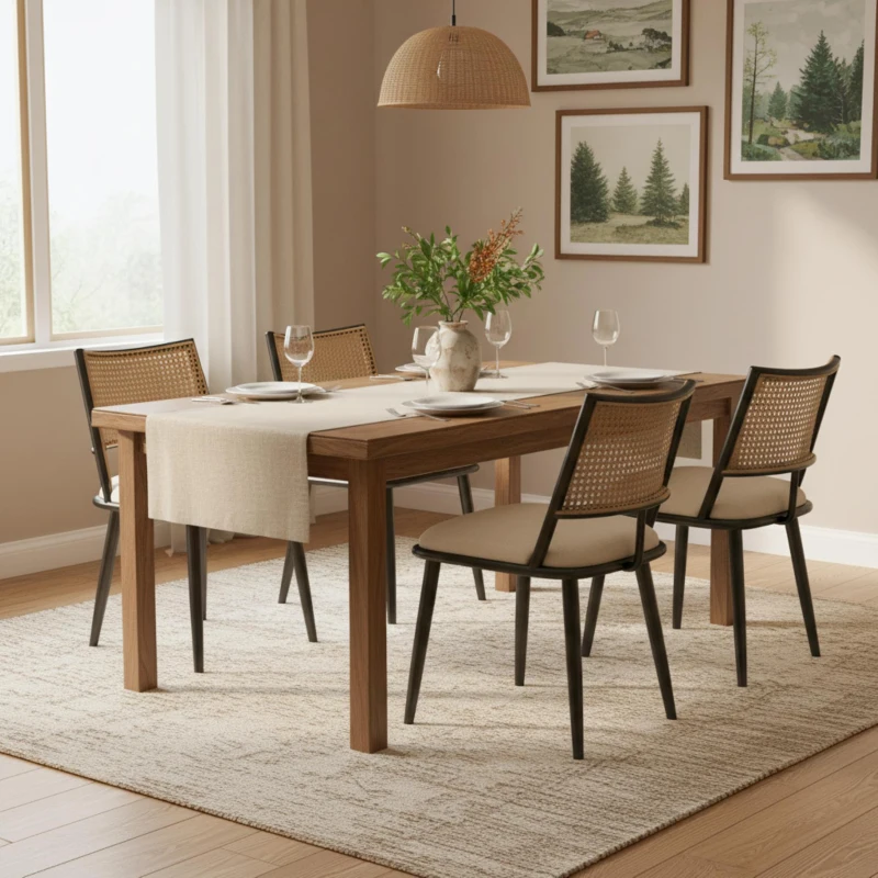 Set of 4 Modern Dining Chairs with PE Rattan Backrest, Ergonomic Side Chairs for Home or Restaurant, 19.5'' L x 19'' W x 31.5'' H, Black+Natural