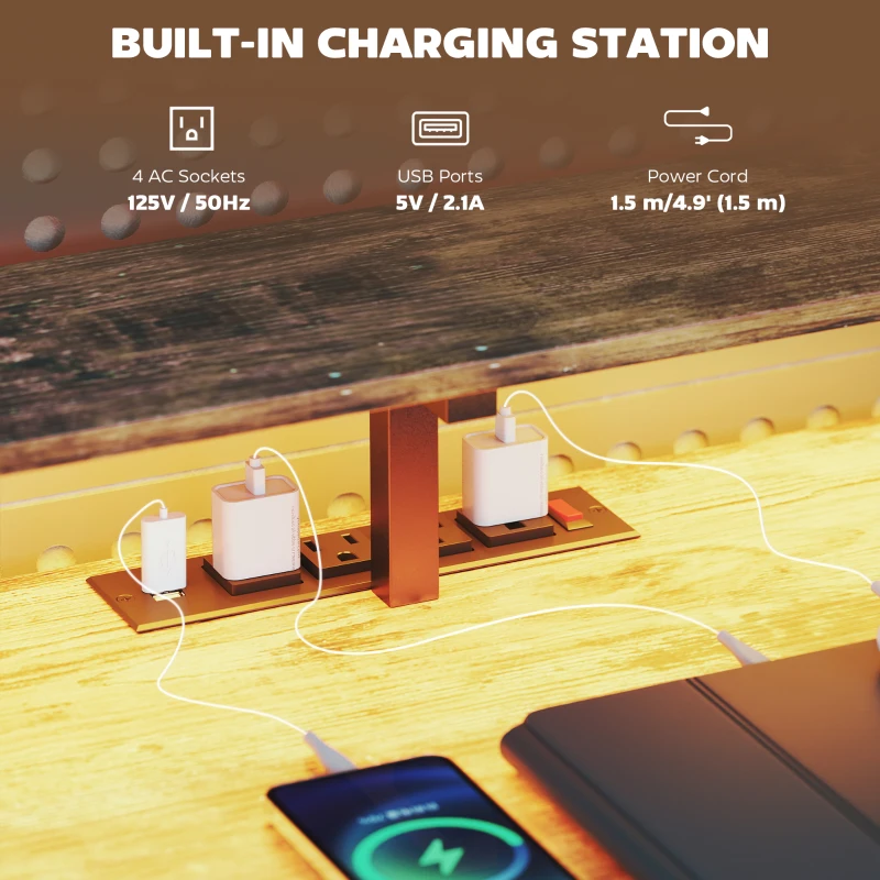 HOMCOM 76" Gaming Desk, Computer Table with RGB Lights, USB Ports, Monitor Stand and 2 Fabric Drawers, Rustic Brown