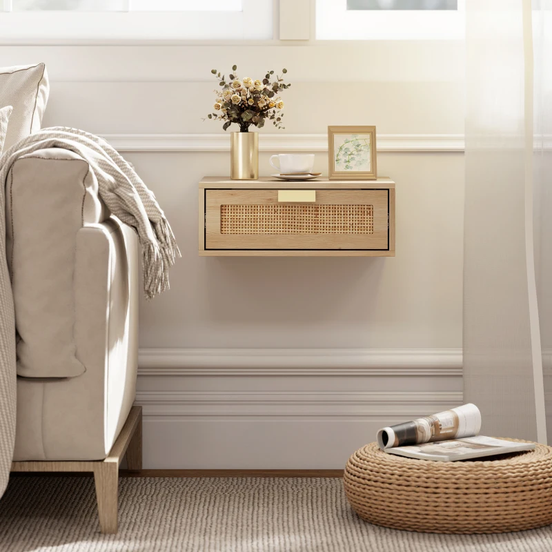 HOMCOM Floating Bedside Tables Set of 2, Wall Mounted Nightstands with Rattan Drawer and Wood Effect, Oak