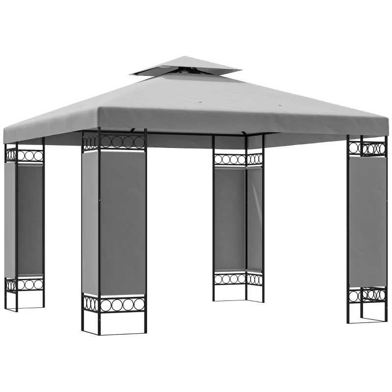 Outsunny 10 x 10 FT Canopy Gazebo, Double Roof Patio Gazebo with Screen Panels and Metal Frame for Deck, Backyard, Light Grey