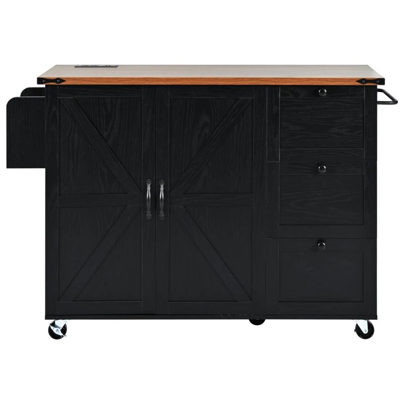 Large Kitchen Island with Built-in Power Outlet and 2 USB Ports, Rolling Kitchen Cart with Large Drop Leaf, 54.5'' L x 28.5'' W x 36.5'' H, Black