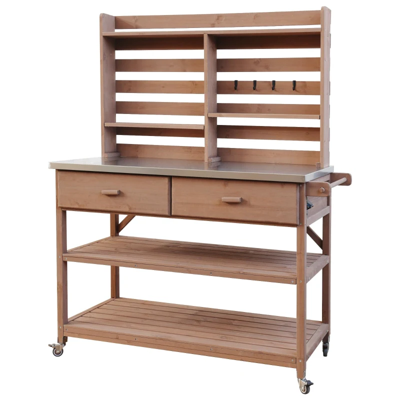 Outdoor Potting Bench Table with 2 Large Drawers, 4 Lockable Wheels, Wooden Kitchen Island with Stainless Steel Top, 52'' L x 22'' W x 65'' H, Brown