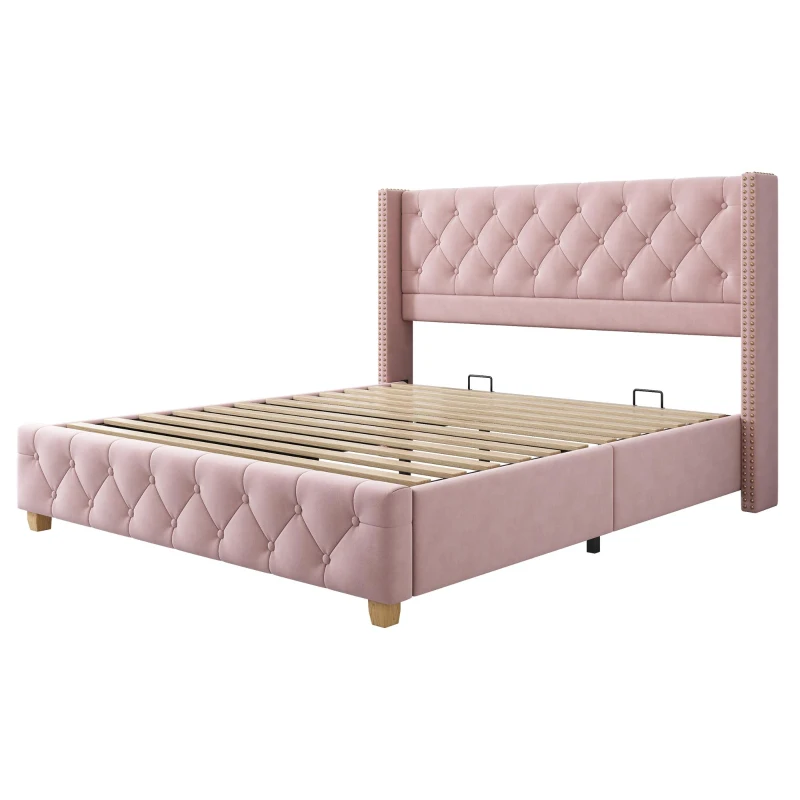 Full Size Velvet Upholstered Platform Bed with Diamond Button Tufting, Extra‑Wide Bedboard with Wooden Legs, 58.5'' L x 78'' W x 42.5'' H, Pink