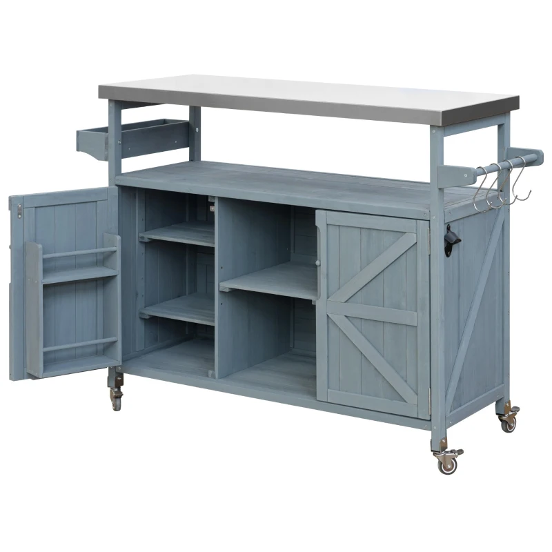 Outdoor Kitchen Island with Stainless Steel Top and Modular Shelves, Rolling Bar Cart with Spice Racks, 50'' L x 18.5'' W x 36'' H, Grey+Blue