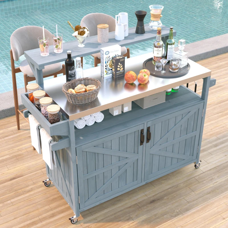 Outdoor Kitchen Island with Raised Shelf & 360° Lockable Wheels, Solid Storage Cabinet with Internal Rack, 53.5'' L x 27'' W x 43'' H, Grey+Blue