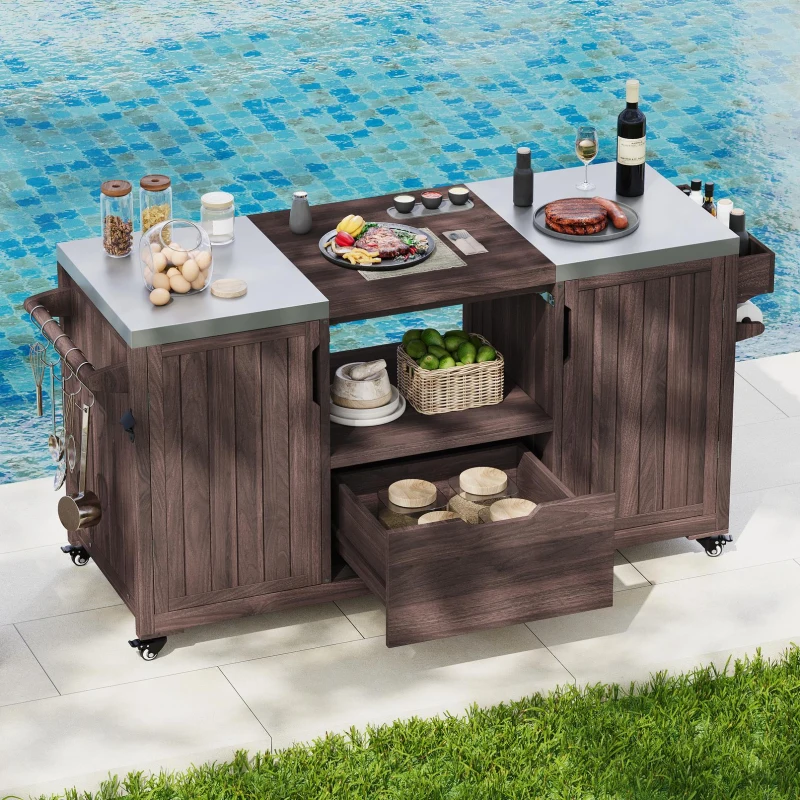 Outdoor Kitchen Island with Stainless Steel Top, Adjustable 5‑Level Shelves, Fir Wood Grill Cart with Drawer, 66.5'' L x 23'' W x 34.5'' H, Dark Brown