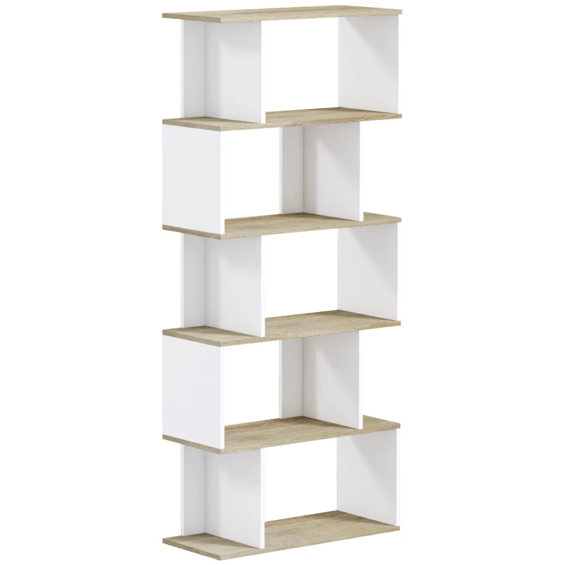 HOMCOM 5-Tier Bookshelf, Geometric S Shaped Bookcase, Tall Narrow Display Shelf for for Living Room, Study Room, White