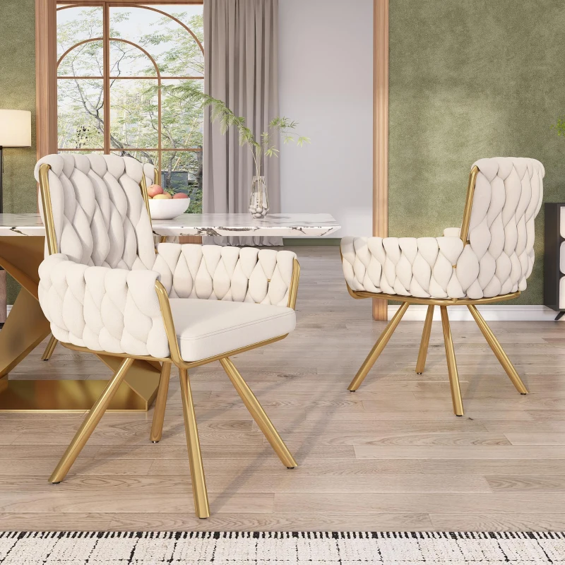 Set of 2 Velvet Dining Chairs with 4 Electroplated Metal Legs, Modern Swivel Chairs with Ergonomic Upholstery, 25'' L x 25'' W x 34'' H, Beige+Gold