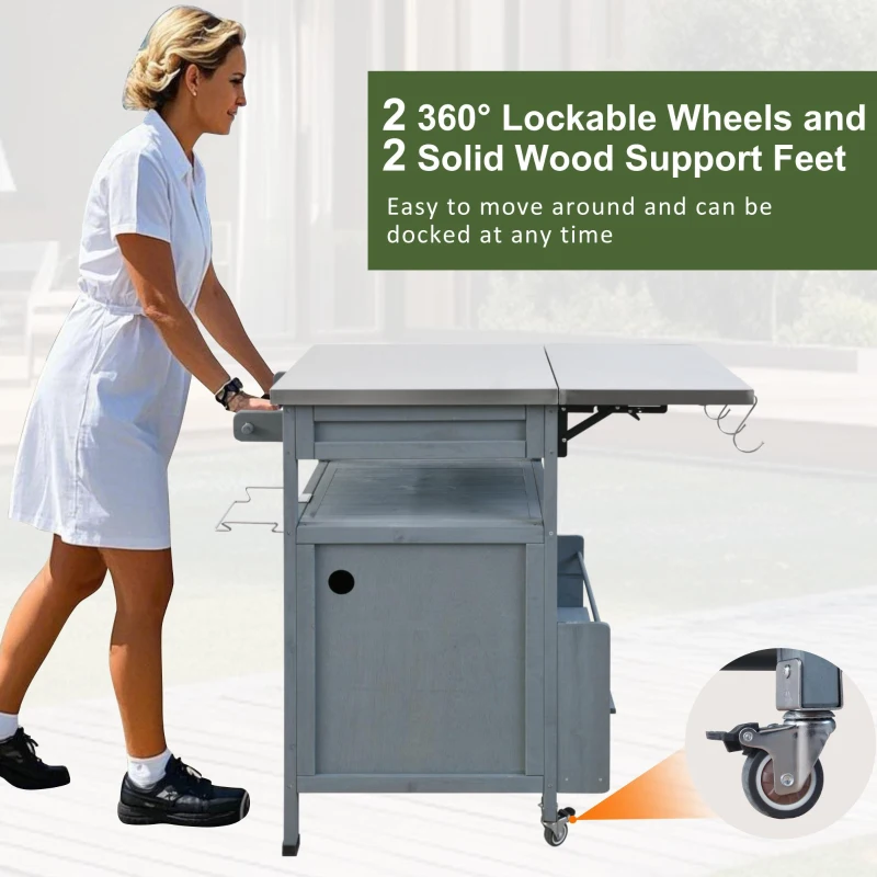 Outdoor Grill Cart with Stainless Steel Top and Large Drawer, Solid Fir Wood Storage Cabinet with Drop Leaf, 40.5'' L x 21'' W x 36'' H, Blue+Grey