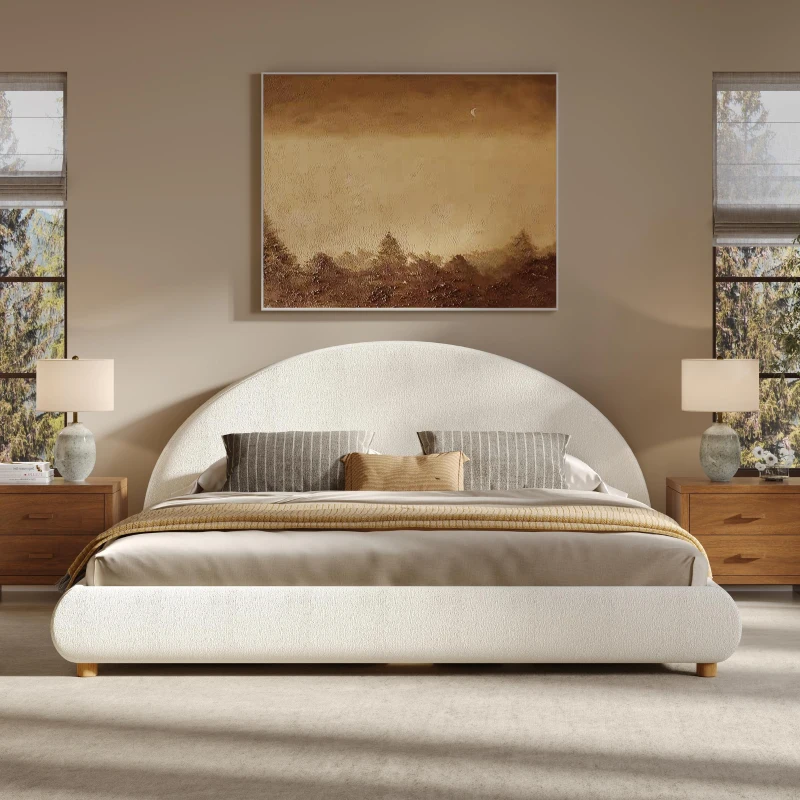 King Size Platform Bed with Integrated Mattress Retainer, Boucle Fabric, Solid Bedboard with Low-Profile Frame, 86.5'' L x 80'' W x 41'' H, White