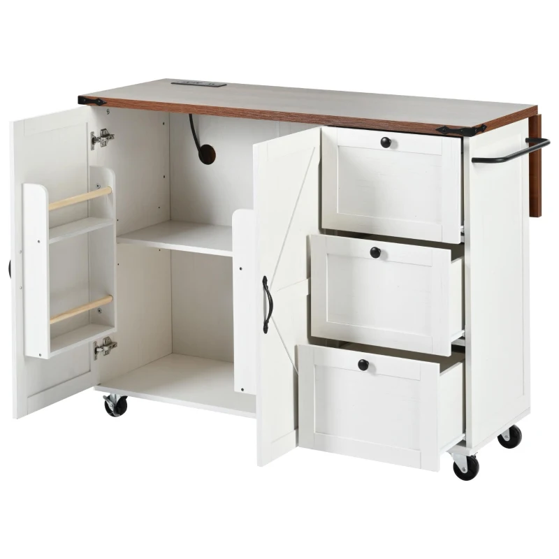 Farmhouse Kitchen Island with 2 Barn Doors, 3 Smooth-Glide Drawers, Rolling Kitchen Cart with Locking Wheels, 54.5'' L x 28.5'' W x 36.5'' H, White