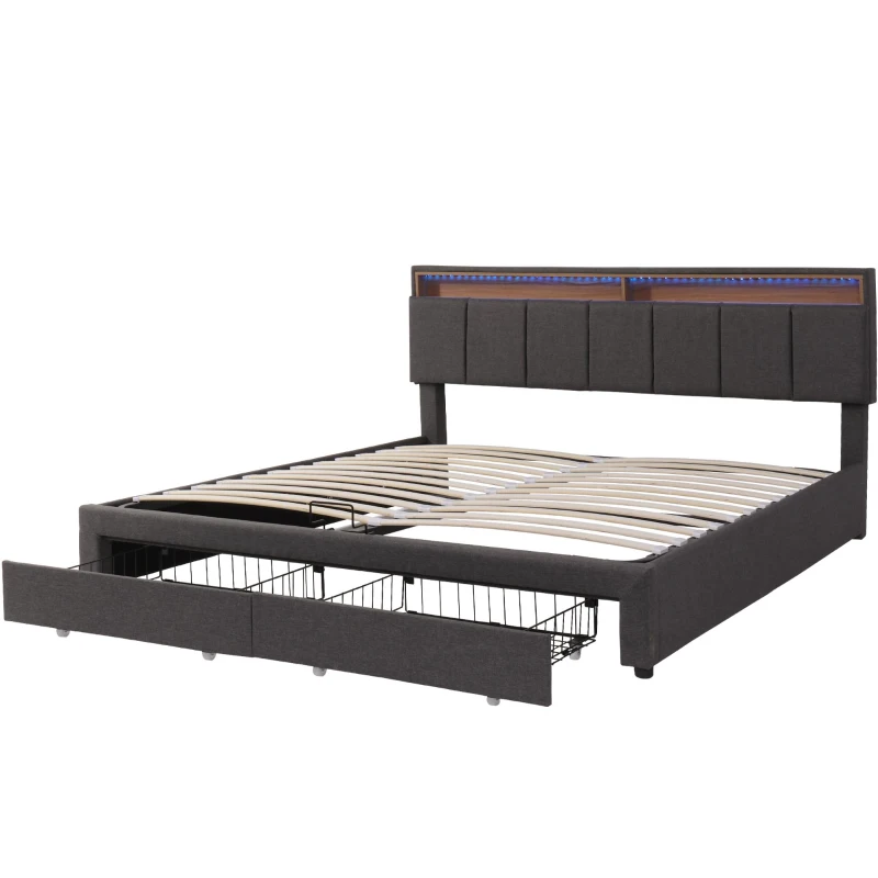 Queen Size Hydraulic Storage Bed with Remote-Controlled LED Headboard, Solid Bed Frame with Reinforced Leg, 84'' L x 61.5'' W x 39'' H, Grey
